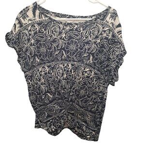 Lucky Brand Blue White Floral Crewneck Twist Bottom Blouse Top Size Medium